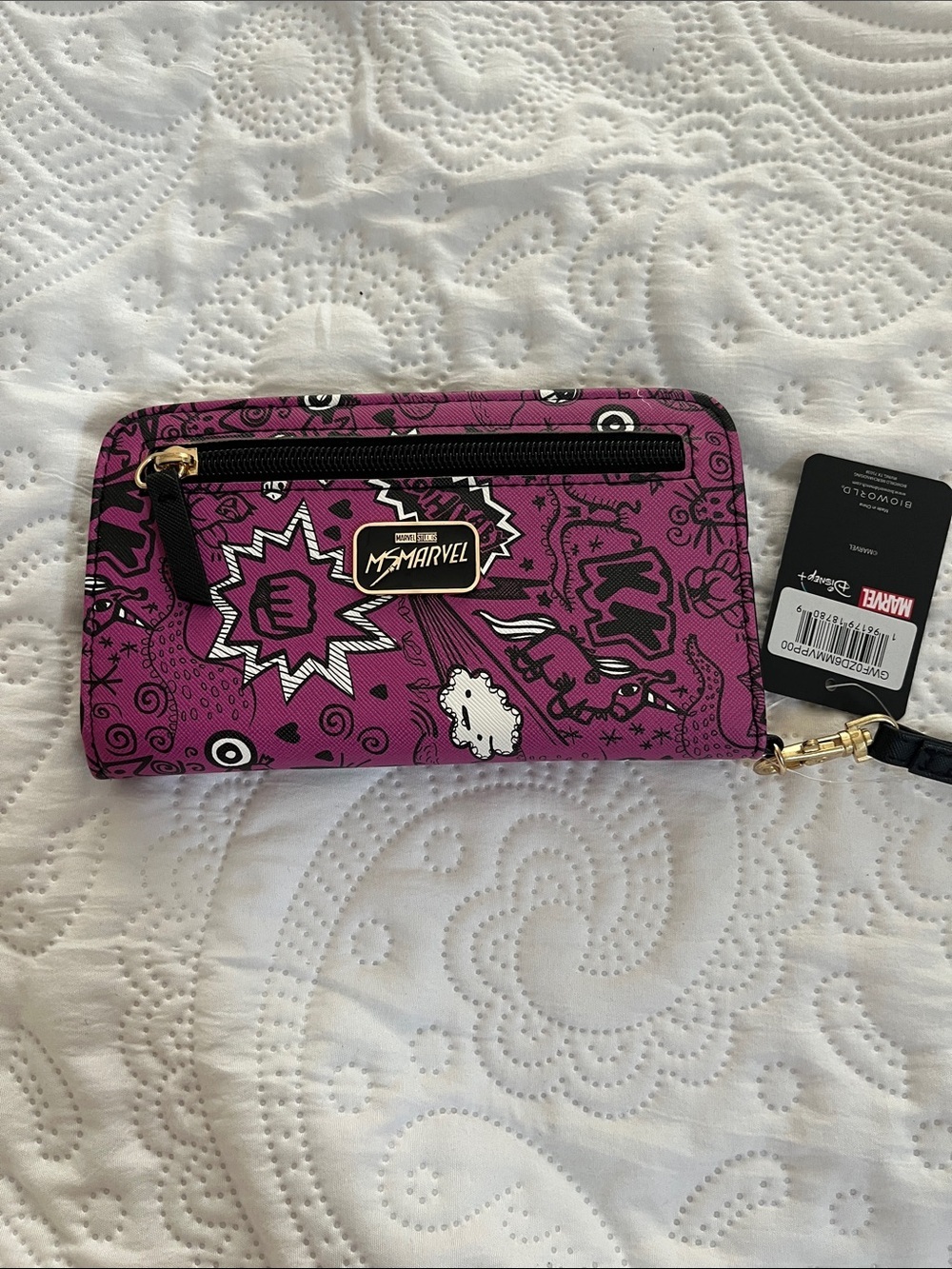 Marvel Pink Graphic Zip Wristlet Wallet with Gold Accents